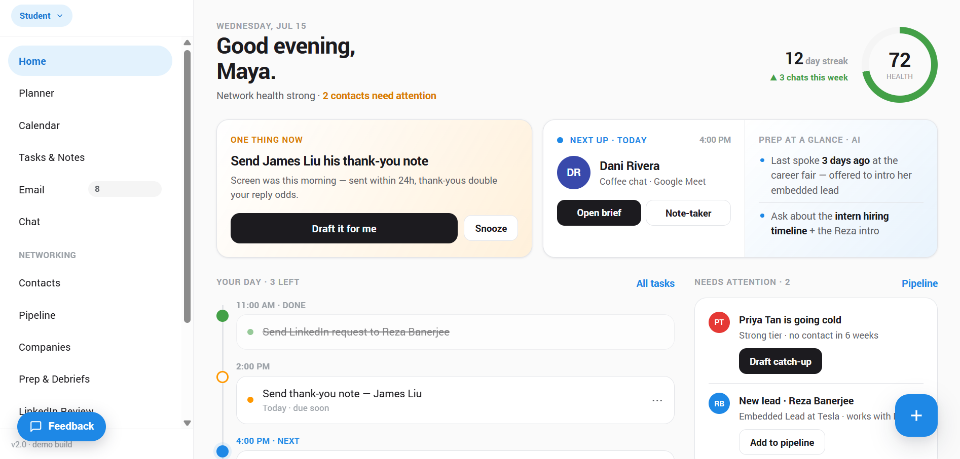 The mylnk home screen, showing your contacts and today's follow-ups.